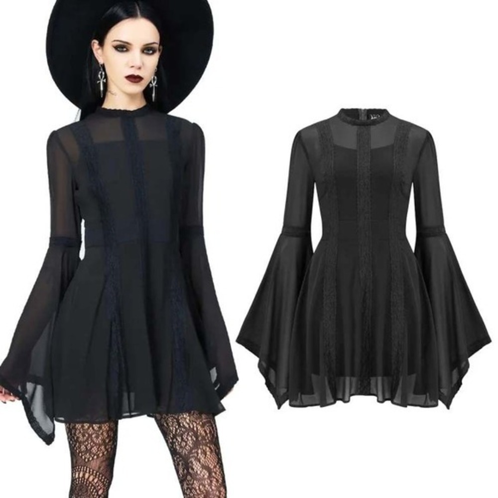 Killstar Begone Mini Dress Black Lace Chiffon Bell Sleeve Gothic small  NEW